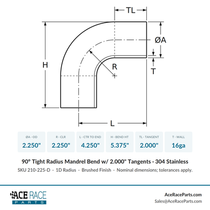 2.250" 16ga Tight Radius 90° Mandrel Bend w/ 2" Tangents - (2.250" CLR) - Brushed Finish - 304 Stainless