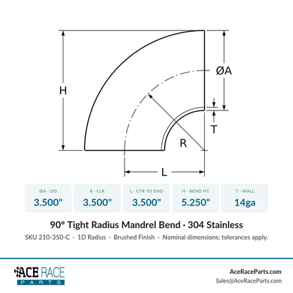 3.500" 14ga Tight Radius 90° Mandrel Bend - (3.500" CLR) - Brushed Finish - 304 Stainless