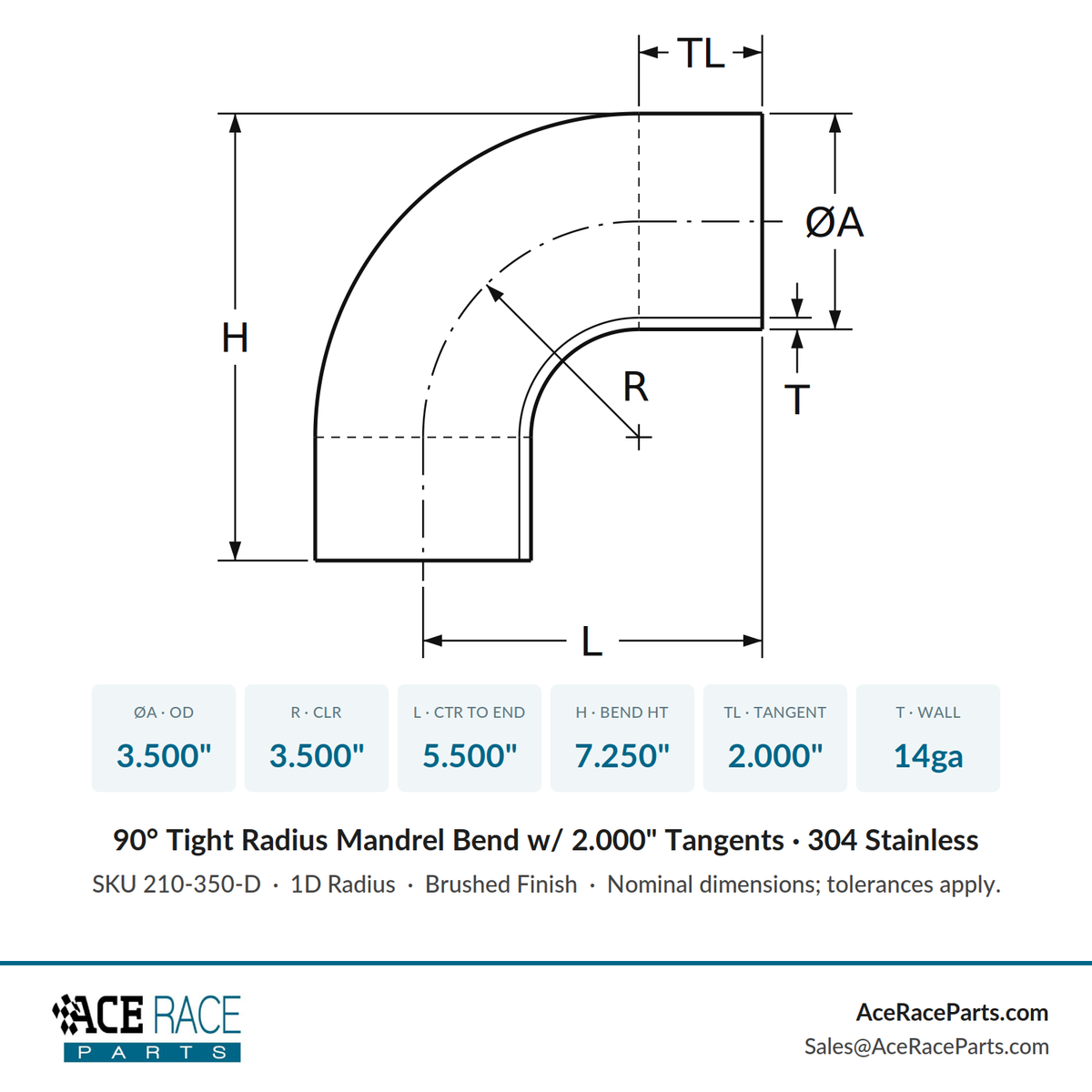3.500" 14ga Tight Radius 90° Mandrel Bend w/ 2" Tangents - (3.500" CLR) - Brushed Finish - 304 Stainless