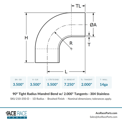 3.500" 14ga Tight Radius 90° Mandrel Bend w/ 2" Tangents - (3.500" CLR) - Brushed Finish - 304 Stainless