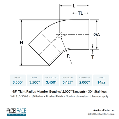 3.500" 14ga Tight Radius 45° Mandrel Bend w/ 2" Tangents - (3.500" CLR) - Brushed Finish - 304 Stainless