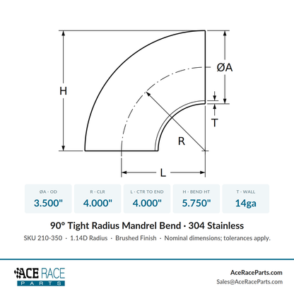 3.500" 14ga Tight Radius 90° Mandrel Bend - (4.000" CLR) - Brushed Finish - 304 Stainless