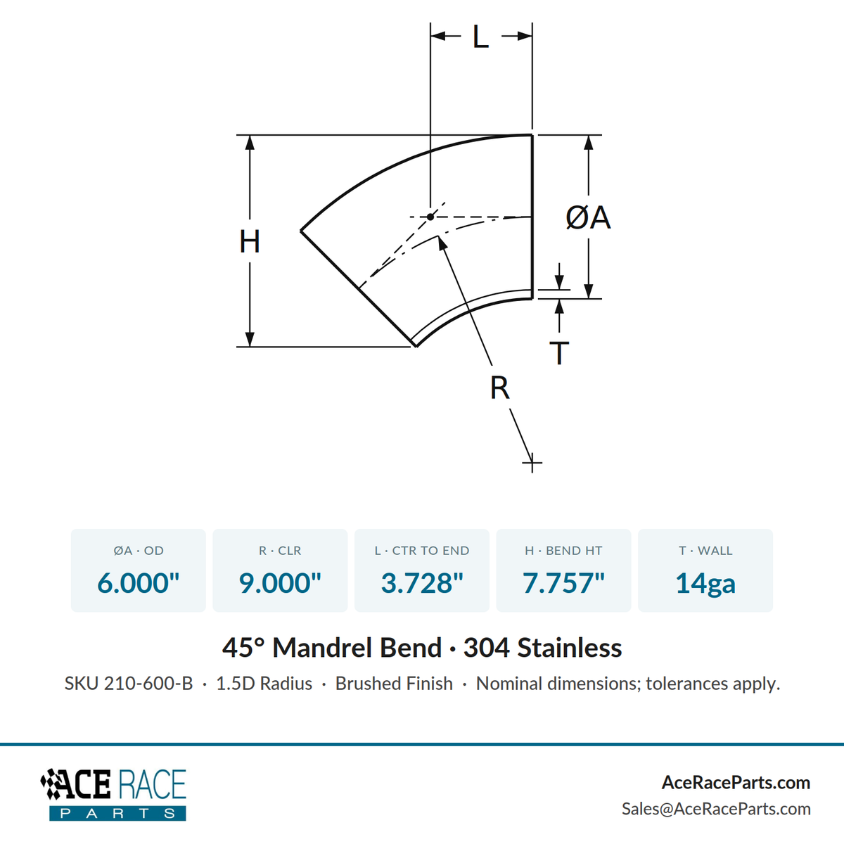 6.000" 14ga 45° Mandrel Bend - (9.000" CLR) - Brushed Finish - 304 Stainless