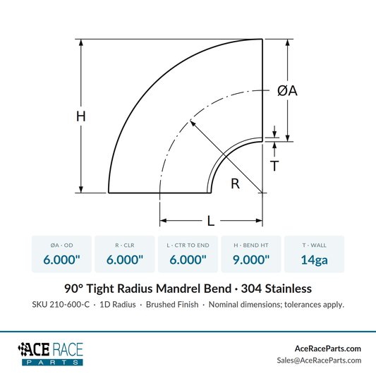 6.000" 14ga Tight Radius 90° Mandrel Bend - (6.000" CLR) - Brushed Finish - 304 Stainless