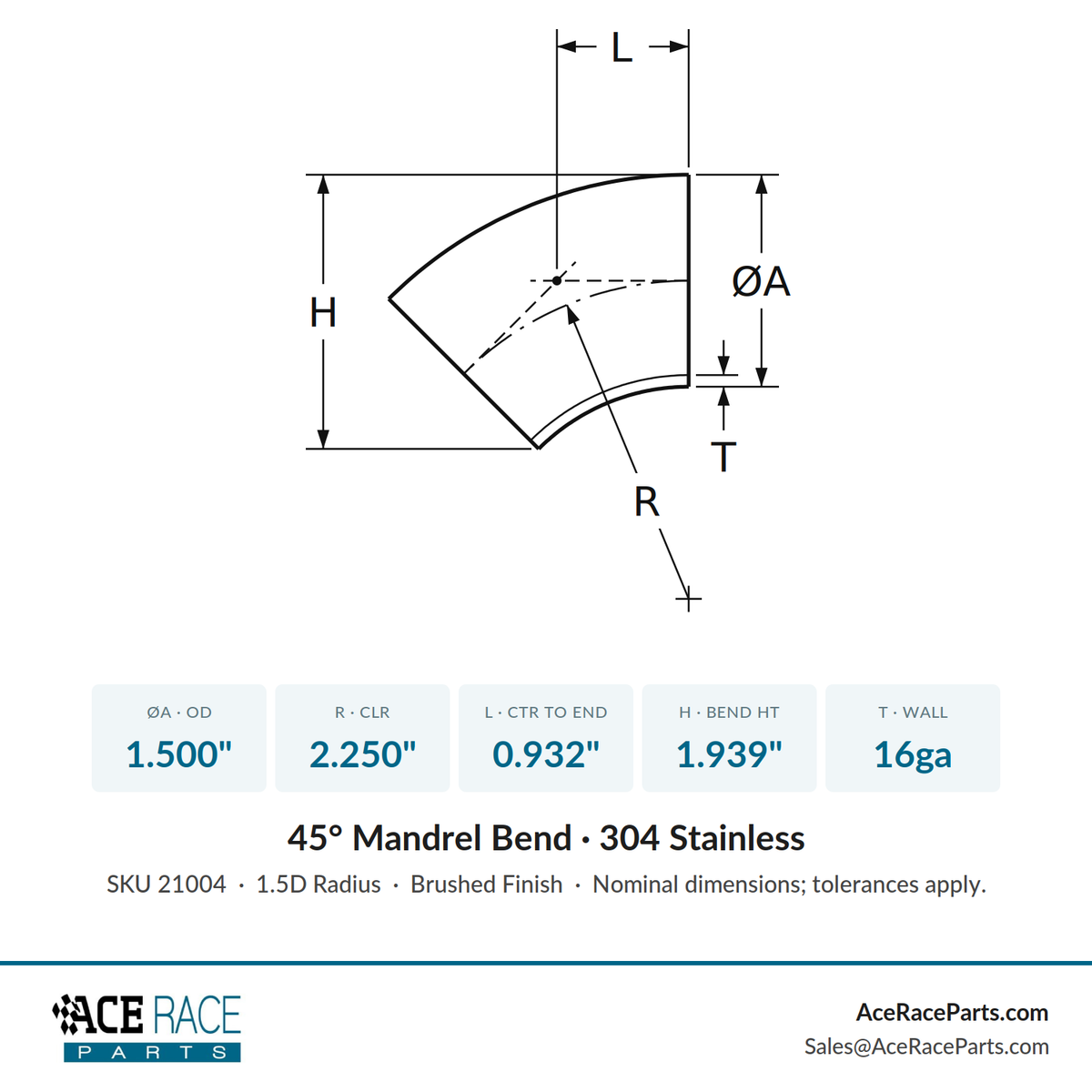 1.500" 16ga 45° Mandrel Bend - (2.250" CLR) - Brushed Finish - 304 Stainless
