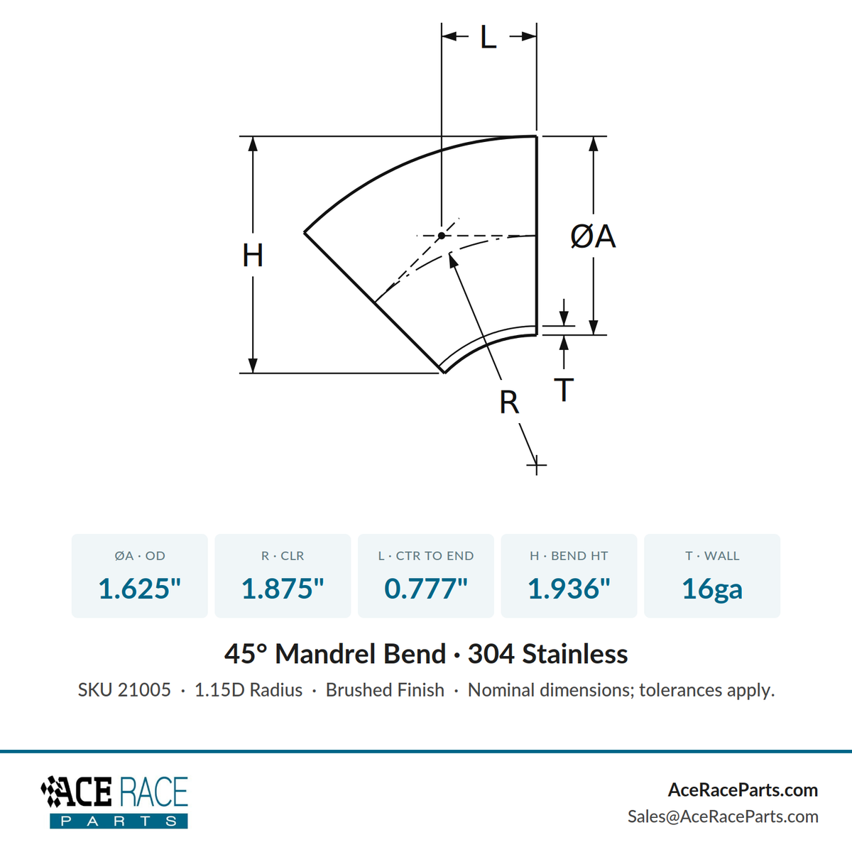 1.625" 16ga 45° Mandrel Bend - (1.875" CLR) - Brushed Finish - 304 Stainless