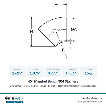 1.625" 16ga 45° Mandrel Bend - (1.875" CLR) - Brushed Finish - 304 Stainless