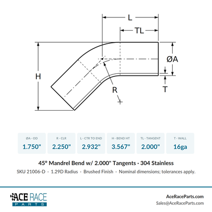 1.750" 16ga 45° Mandrel Bend w/ 2" Tangents - (2.250" CLR) - Brushed Finish - 304 Stainless