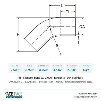 2.500" 16ga 45° Mandrel Bend w/ 2" Tangents - (3.750" CLR) - Brushed Finish - 304 Stainless