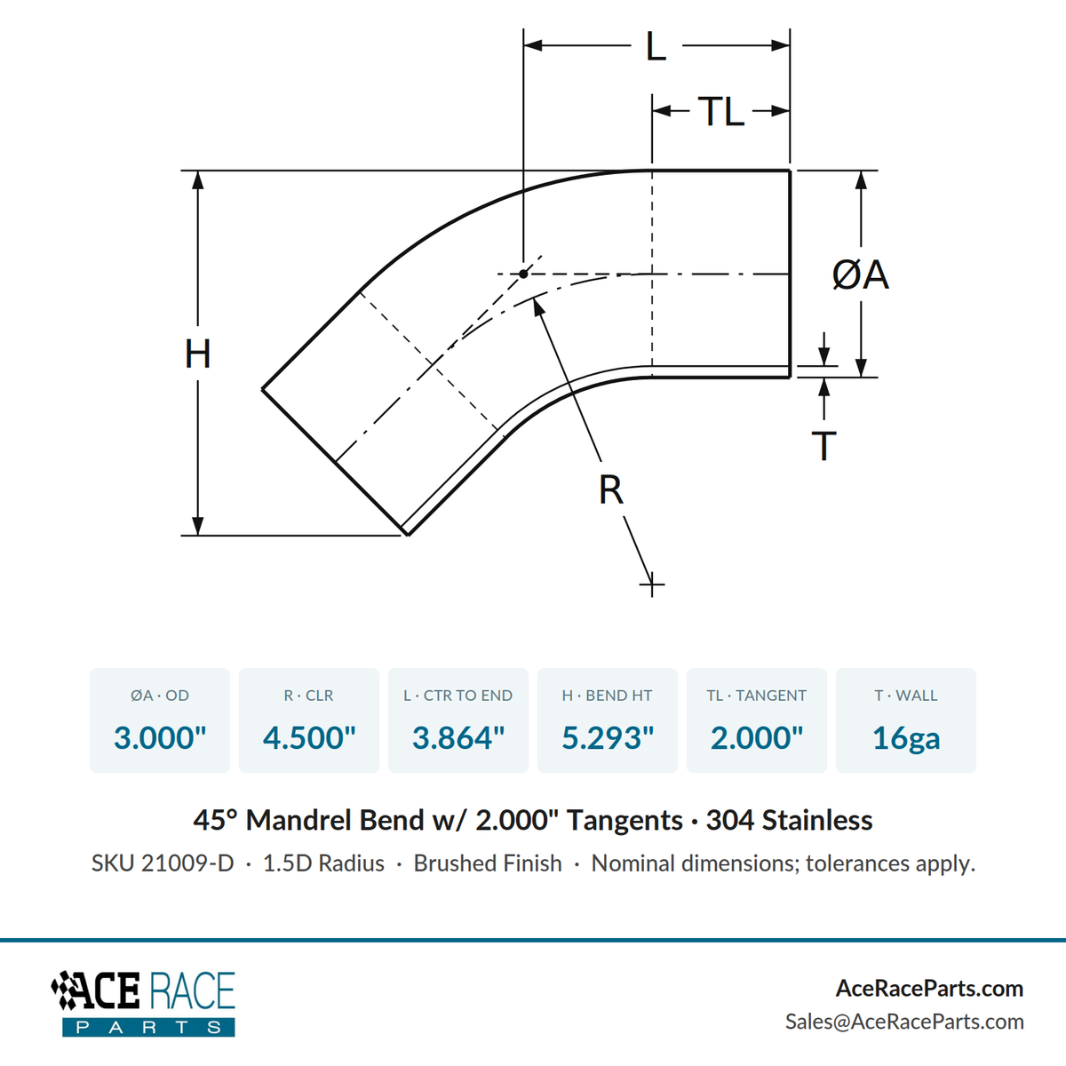 3.000" 16ga 45° Mandrel Bend w/ 2" Tangents - (4.500" CLR) - Brushed Finish - 304 Stainless
