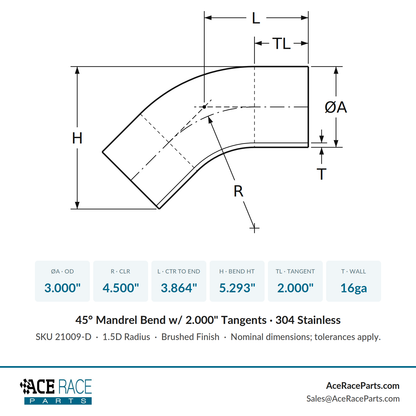 3.000" 16ga 45° Mandrel Bend w/ 2" Tangents - (4.500" CLR) - Brushed Finish - 304 Stainless