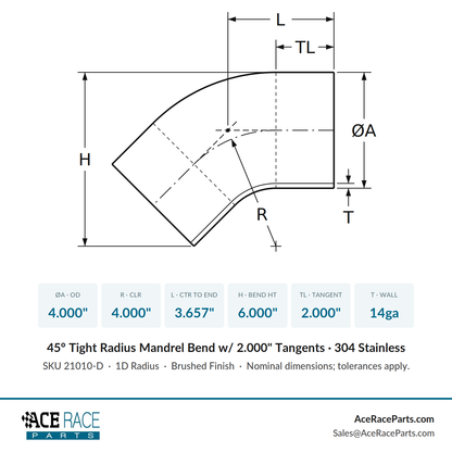 4.000" 14ga Tight Radius 45° Mandrel Bend w/ 2" Tangents - (4.000" CLR) - Brushed Finish - 304 Stainless