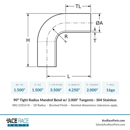 1.500" 16ga Tight Radius 90° Mandrel Bend w/ 2" Tangents - (1.500" CLR) - Brushed Finish - 304 Stainless