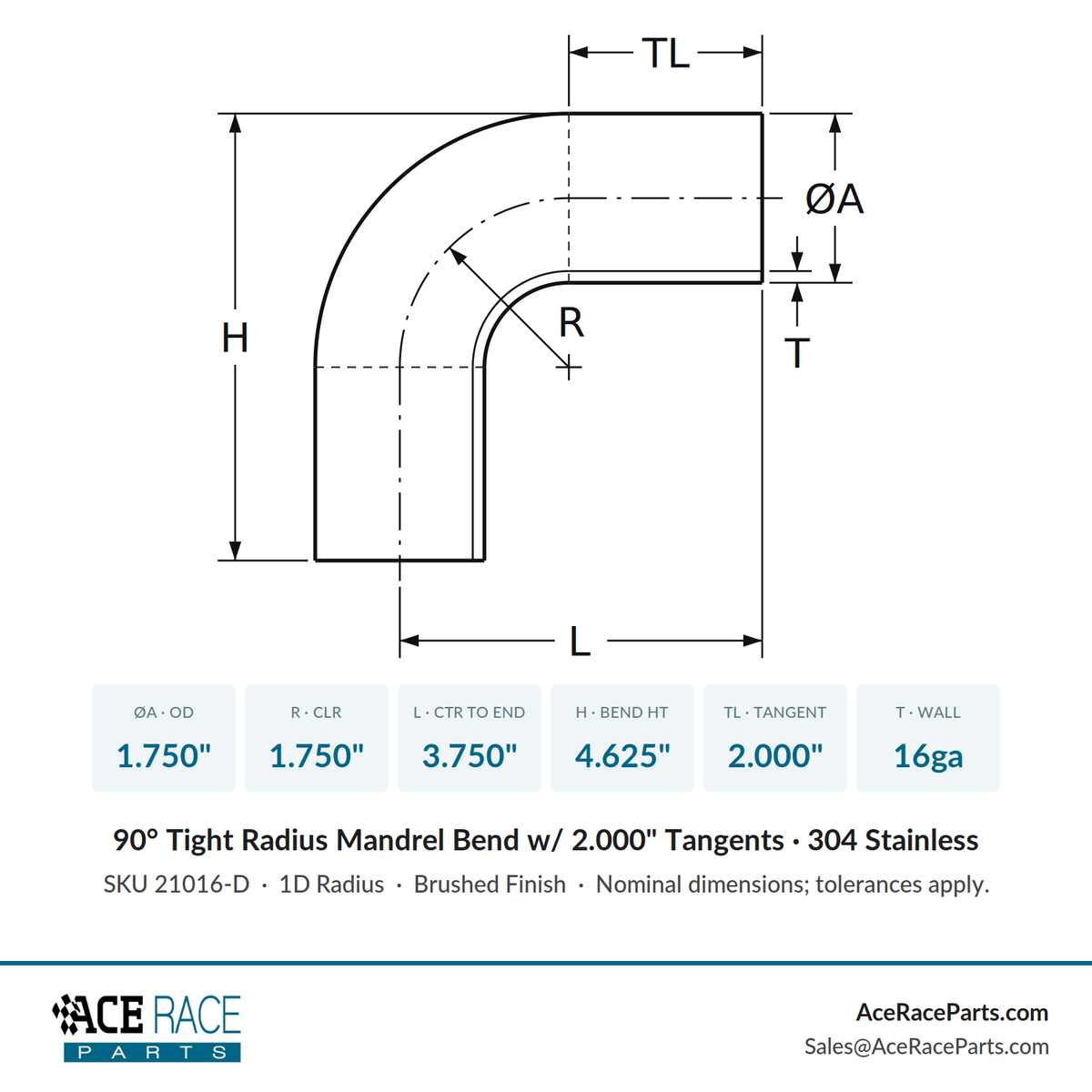 1.750" 16ga Tight Radius 90° Mandrel Bend w/ 2" Tangents - (1.750" CLR) - Brushed Finish - 304 Stainless