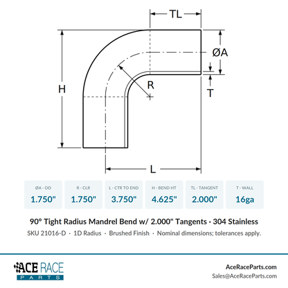 1.750" 16ga Tight Radius 90° Mandrel Bend w/ 2" Tangents - (1.750" CLR) - Brushed Finish - 304 Stainless