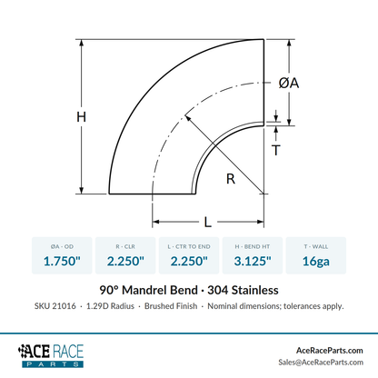 1.750" 16ga 90° Mandrel Bend - (2.250" CLR) - Brushed Finish - 304 Stainless