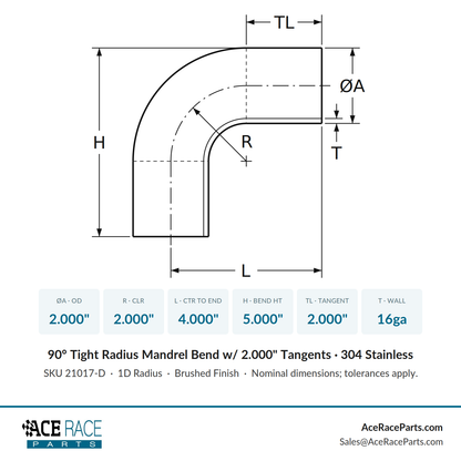 2.000" 16ga Tight Radius 90° Mandrel Bend w/ 2" Tangents - (2.000" CLR) - Brushed Finish - 304 Stainless