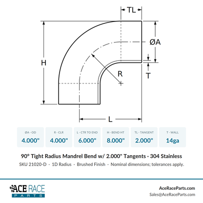 4.000" 14ga Tight Radius 90° Mandrel Bend w/ 2" Tangents - (4.000" CLR) - Brushed Finish - 304 Stainless
