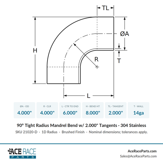 4.000" 14ga Tight Radius 90° Mandrel Bend w/ 2" Tangents - (4.000" CLR) - Brushed Finish - 304 Stainless