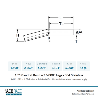 1.500" 16ga 15° Mandrel Bend - (2.250" CLR / 6.000" Legs) - Polished OD - 304 Stainless