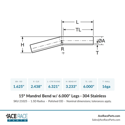 1.625" 16ga 15° Mandrel Bend - (2.438" CLR / 6.000" Legs) - Polished OD - 304 Stainless