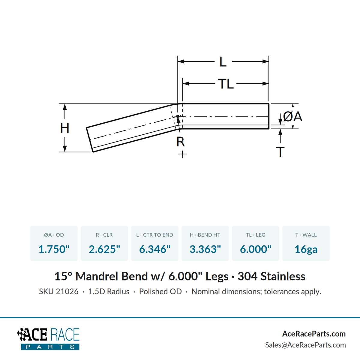 1.750" 16ga 15° Mandrel Bend - (2.625" CLR / 6.000" Legs) - Polished OD - 304 Stainless
