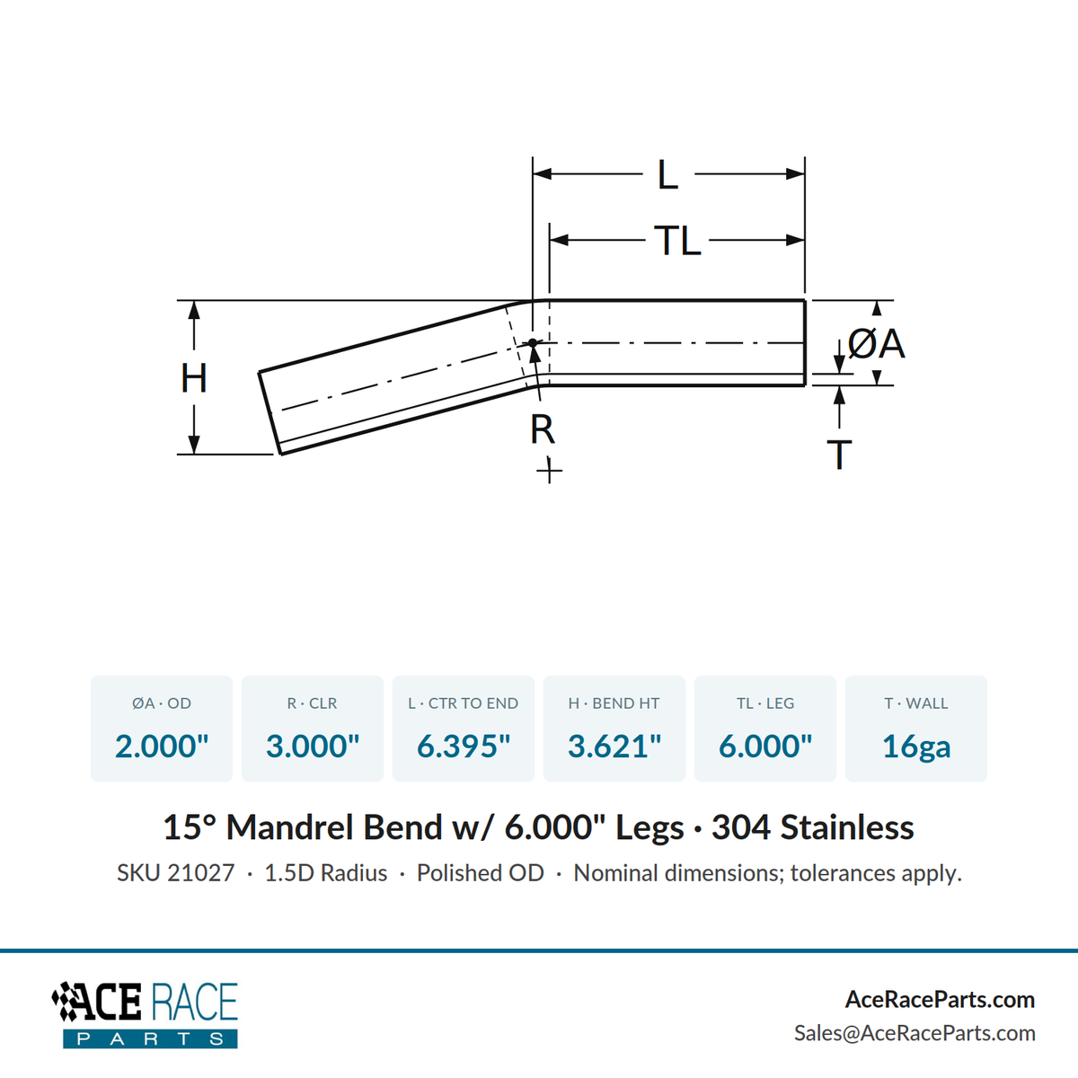 2.000" 16ga 15° Mandrel Bend - (3.000" CLR / 6.000" Legs) - Polished OD - 304 Stainless