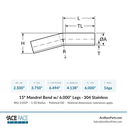 2.500" 16ga 15° Mandrel Bend - (3.750" CLR / 6.000" Legs) - Polished OD - 304 Stainless