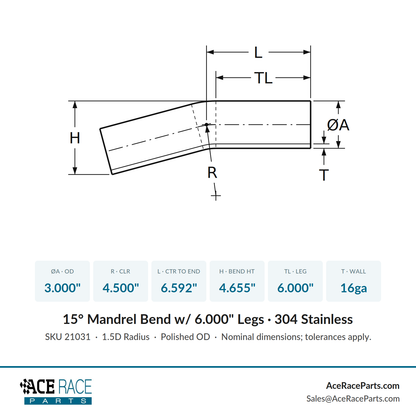 3.000" 16ga 15° Mandrel Bend - (4.500" CLR / 6.000" Legs) - Polished OD - 304 Stainless