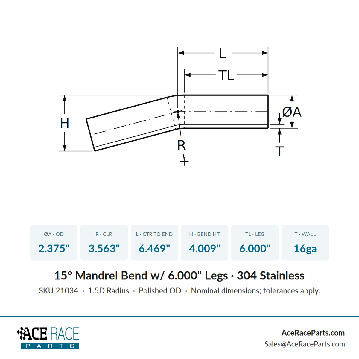 2.375" 16ga 15° Mandrel Bend - (3.563" CLR / 6.000" Legs) - Polished OD - 304 Stainless