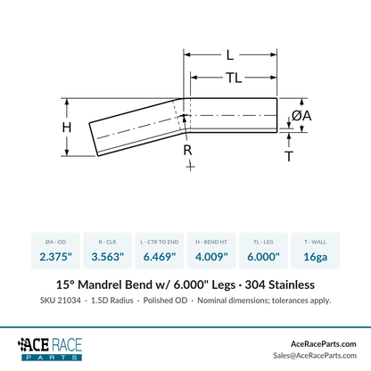 2.375" 16ga 15° Mandrel Bend - (3.563" CLR / 6.000" Legs) - Polished OD - 304 Stainless