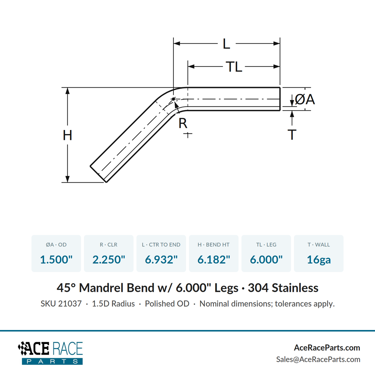 1.500" 16ga 45° Mandrel Bend - (2.250" CLR / 6.000" Legs) - Polished OD - 304 Stainless