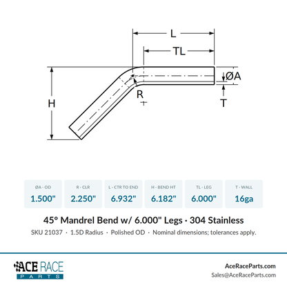 1.500" 16ga 45° Mandrel Bend - (2.250" CLR / 6.000" Legs) - Polished OD - 304 Stainless