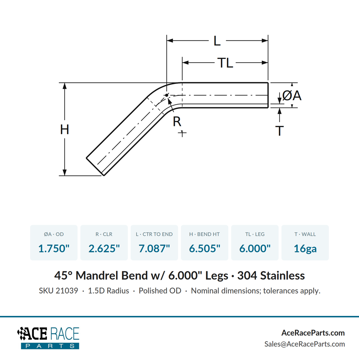 1.750" 16ga 45° Mandrel Bend - (2.625" CLR / 6.000" Legs) - Polished OD - 304 Stainless