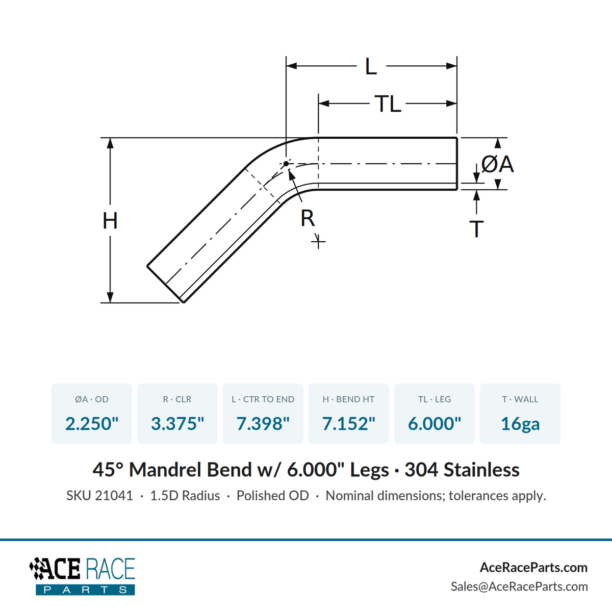 2.250" 16ga 45° Mandrel Bend - (3.375" CLR / 6.000" Legs) - Polished OD - 304 Stainless