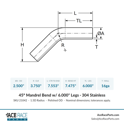 2.500" 16ga 45° Mandrel Bend - (3.750" CLR / 6.000" Legs) - Polished OD - 304 Stainless