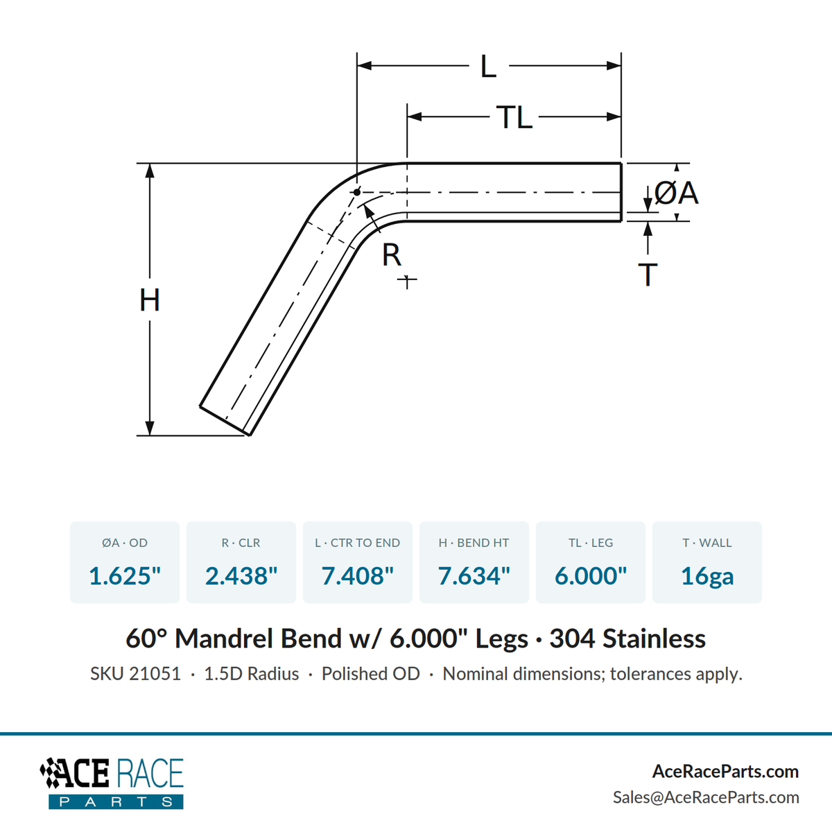 1.625" 16ga 60° Mandrel Bend - (2.438" CLR / 6.000" Legs) - Polished OD - 304 Stainless