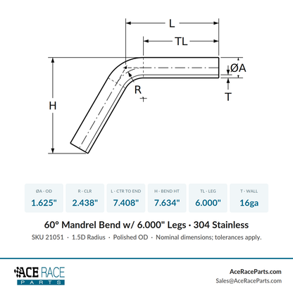 1.625" 16ga 60° Mandrel Bend - (2.438" CLR / 6.000" Legs) - Polished OD - 304 Stainless