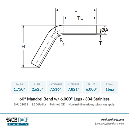 1.750" 16ga 60° Mandrel Bend - (2.625" CLR / 6.000" Legs) - Polished OD - 304 Stainless