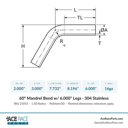 2.000" 16ga 60° Mandrel Bend - (3.000" CLR / 6.000" Legs) - Polished OD - 304 Stainless