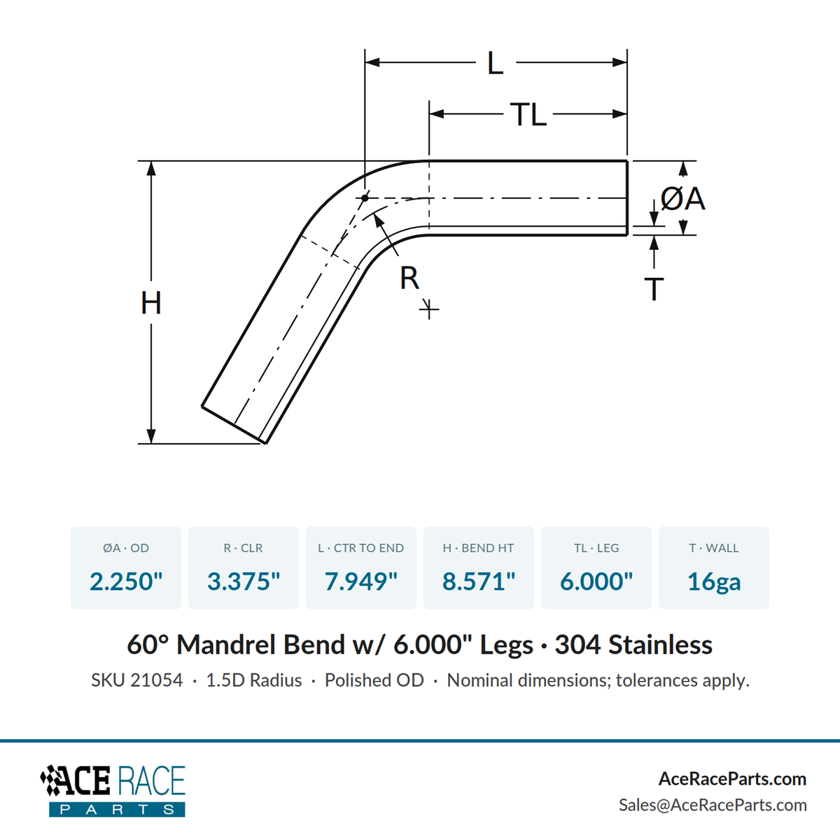 2.250" 16ga 60° Mandrel Bend - (3.375" CLR / 6.000" Legs) - Polished OD - 304 Stainless