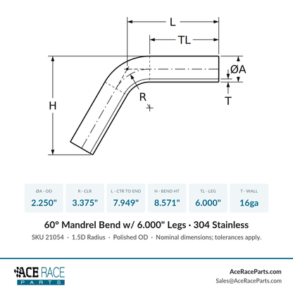 2.250" 16ga 60° Mandrel Bend - (3.375" CLR / 6.000" Legs) - Polished OD - 304 Stainless