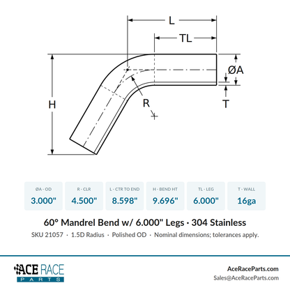 3.000" 16ga 60° Mandrel Bend - (4.500" CLR / 6.000" Legs) - Polished OD - 304 Stainless