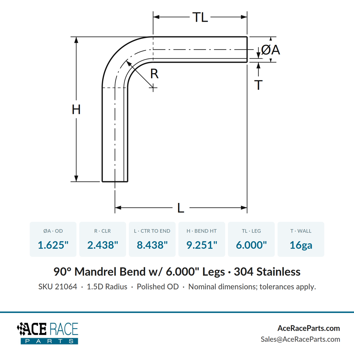 1.625" 16ga 90° Mandrel Bend - (2.438" CLR / 6.000" Legs) - Polished OD - 304 Stainless