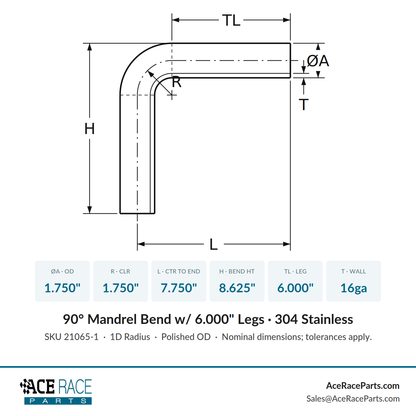 1.750" 16ga Tight Radius 90° Mandrel Bend - (1.750" CLR / 6.000" Legs) - Polished OD - 304 Stainless