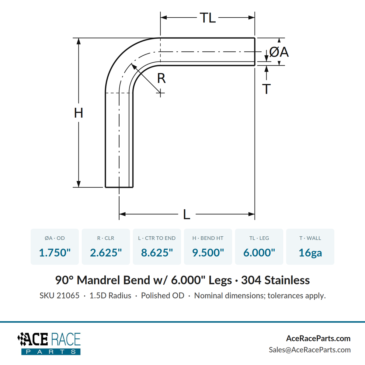 1.750" 16ga 90° Mandrel Bend - (2.625" CLR / 6.000" Legs) - Polished OD - 304 Stainless