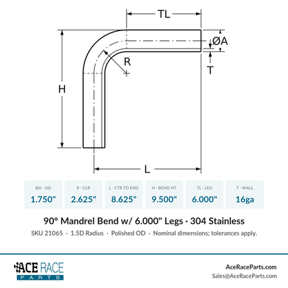 1.750" 16ga 90° Mandrel Bend - (2.625" CLR / 6.000" Legs) - Polished OD - 304 Stainless
