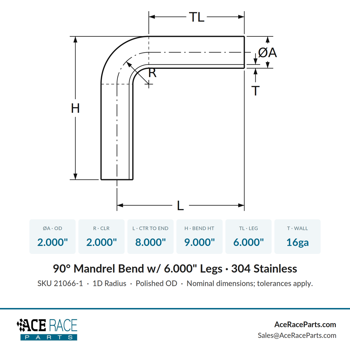 2.000" 16ga Tight Radius 90° Mandrel Bend - (2.000" CLR / 6.000" Legs) - Polished OD - 304 Stainless