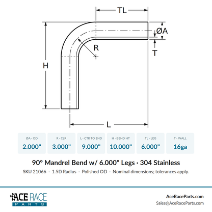 2.000" 16ga 90° Mandrel Bend - (3.000" CLR / 6.000" Legs) - Polished OD - 304 Stainless