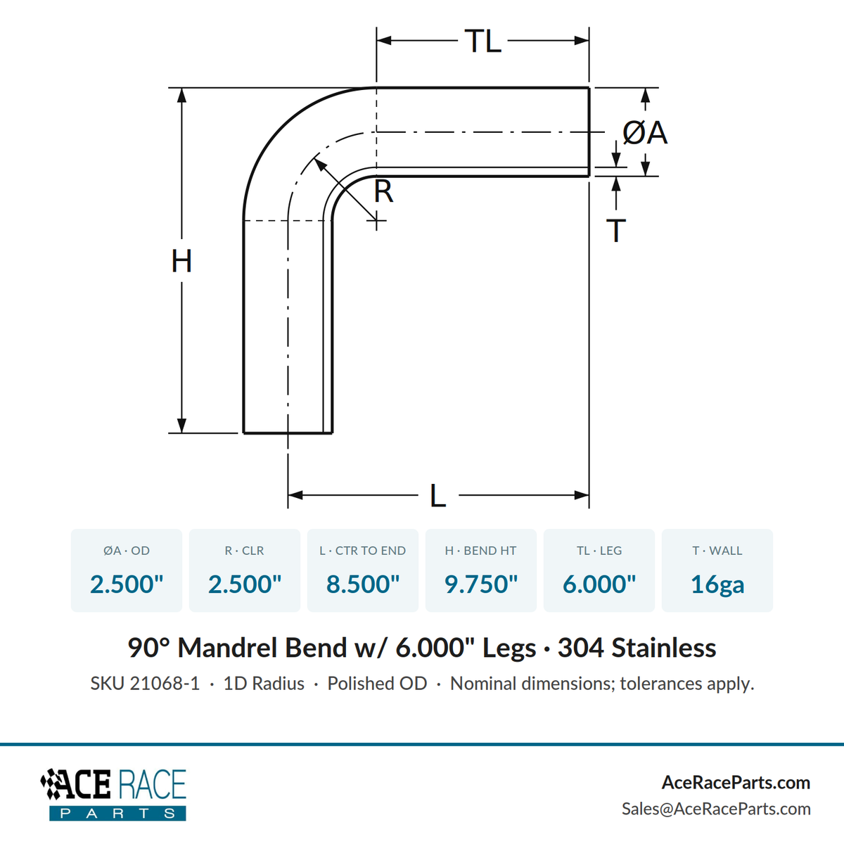 2.500" 16ga Tight Radius 90° Mandrel Bend - (2.500" CLR / 6.000" Legs) - Polished OD - 304 Stainless